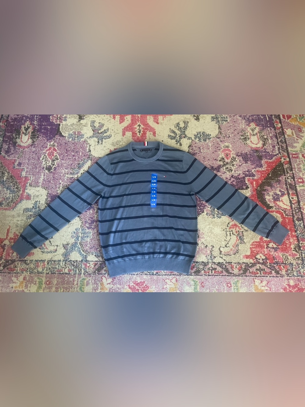 Tommy Hilfiger Men's Slate Blue Crewneck Sweater with Navy Stripes